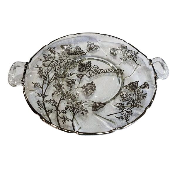 25th Anniversary Platter Handled Plate Silver Overlay Flowers Wedding - Picture 1 of 15